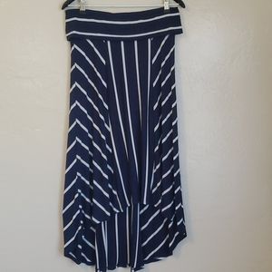 Asymmetrical jersey knit skirt with white stripes